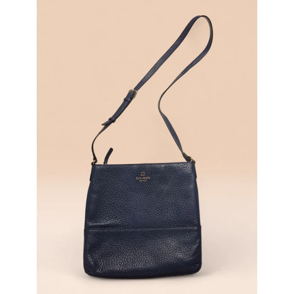 Kate Spade New York Navy‎ Blue Pebbled Leather Crossbody Bag  Striped Lining